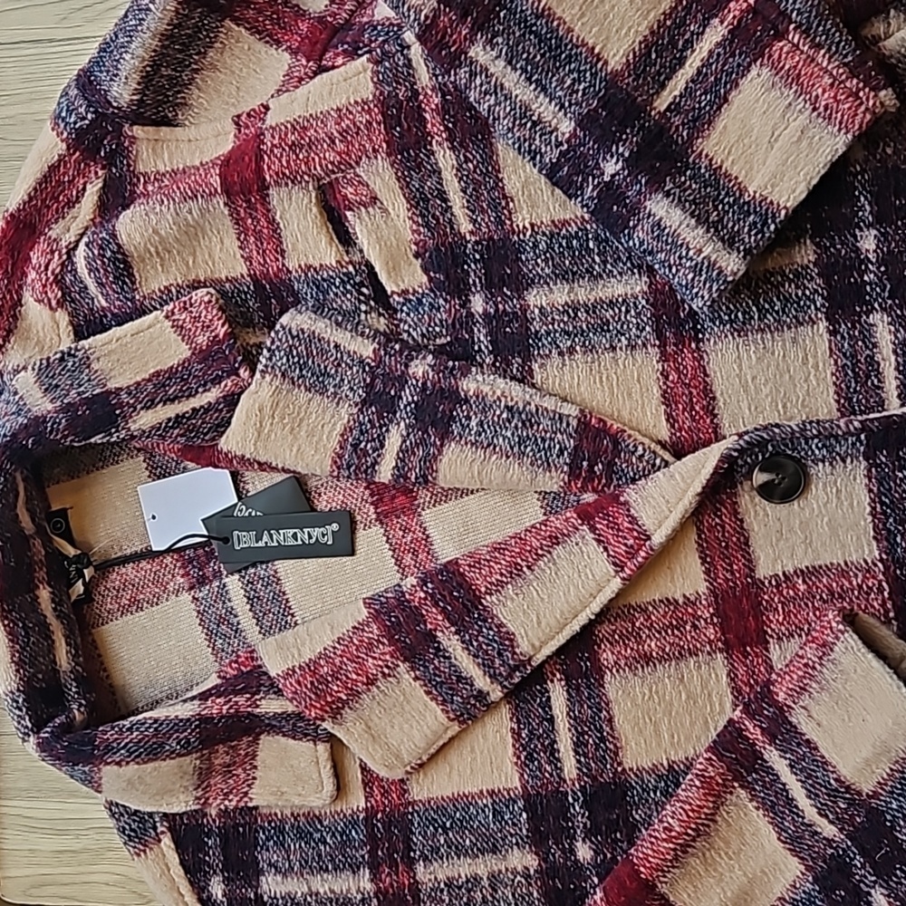 Blank NYC Cream Maroon Wool Oversized Go Ahead Plaid Longline Teddy Jacket L NWT - Picture 3 of 11